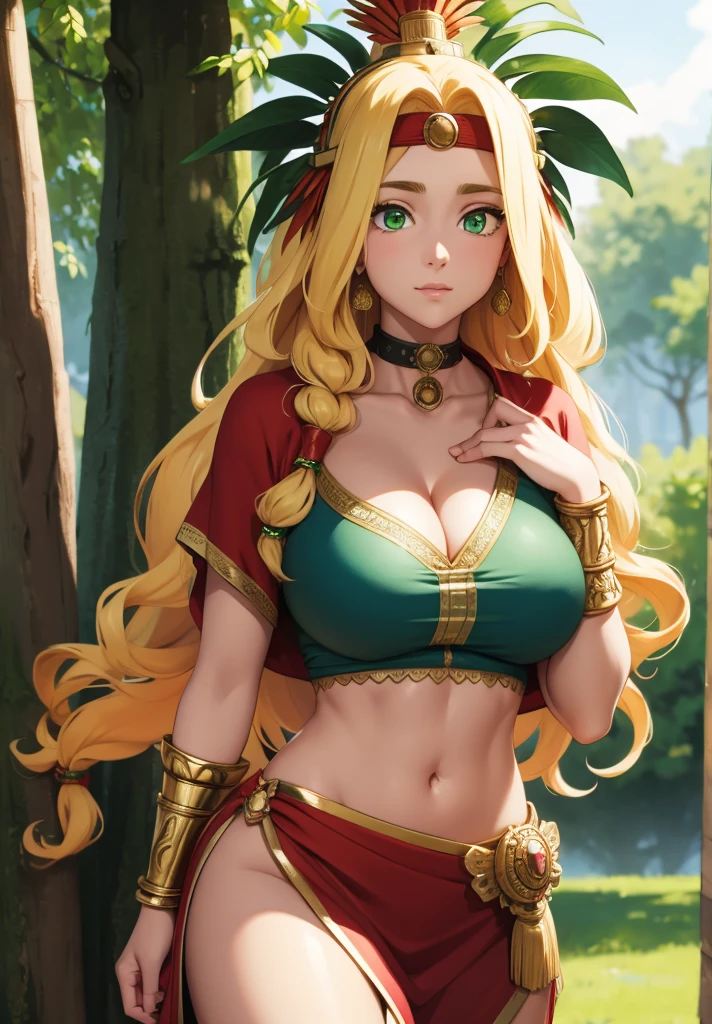 quetzalcoatl, quetzalcoatl, long hair, sidelocks, yellow hair, (green eyes:1.5), wavy hair, (large breast:1.2),
BREAK aztec, bracelet, choker, headband, headdress, jewelry, midriff, navel, short sleeves, wristlet,
BREAK looking at viewer,
BREAK outdoors,
BREAK (masterpiece:1.2), best quality, high resolution, unity 8k wallpaper, (illustration:0.8), (beautiful detailed eyes:1.6), extremely detailed face, perfect lighting, extremely detailed CG, (perfect hands, perfect anatomy),