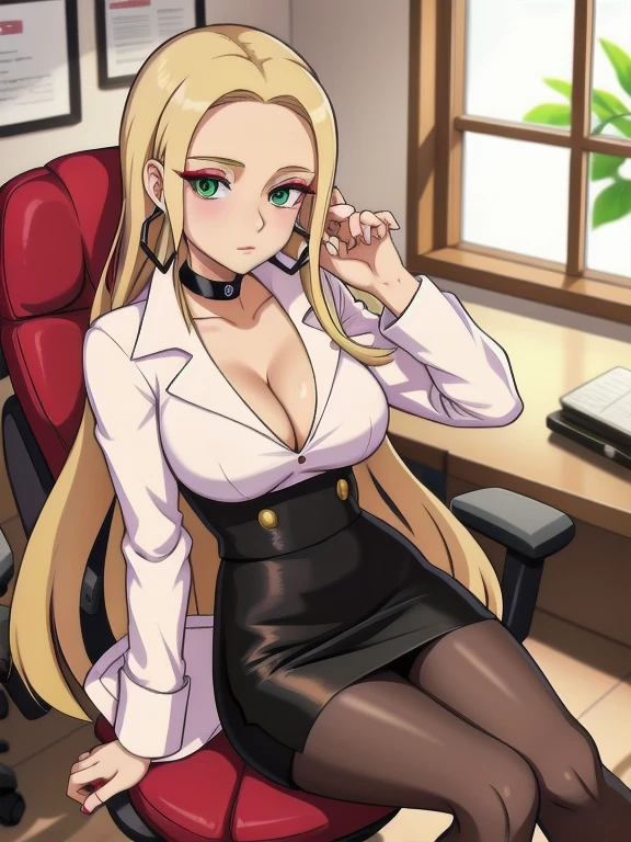 1girl, solo, Oleana from Pokemon, long blonde hair, wearing a red V-neck shirt, with a hint of cleavage, in a black pencil skirt and pantyhose. She has a white coat, well-done makeup, lipstick. Oleana is sitting in a chair. Completing her look is a choker and hoop earrings. (Background: Indoors, corporate office, desk)
