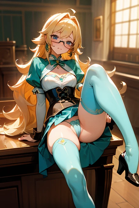 Imagine a female character of ((full body)), gyaru, very long blonde curly hair , with a beautiful figure, small breasts, beautiful bright blue eyes, full carmine lips, blushing cheeks, wearing a beautiful short green and golden dress, with puffed poet sleeves, leather corset, high stockings, high heels, green glasses, silver earrings, ((tight white micro panties)), panty pull, excessive pubic hair. Image in perfectly detailed resolution, full 4k quality, in an anime style, inspired by Navia from genshin impact, and aurora from sleeping beauty. She is a receptionist at an adventurer's guild, ((she is sitting on the reception long desk)), hugging her breasts, with her ((spread_legs)), upskirt, showing her panties, cameltoe, looking at the viewer with a flirtatious look and a tender smile.