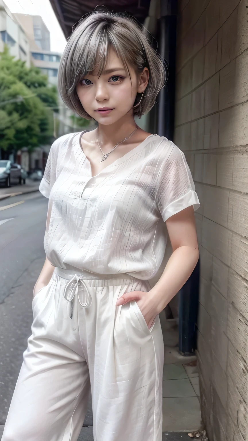 (Realistic、Like a photograph、Live Action、8k, Realistic, RAW Photos, Best image quality: 1.4), Single-lens reflex camera、RAW Photos, Highest quality, Realistic, Highly detailed CG Unity 8k wallpaper, Written boundary depth, Cinematic Light, Lens flare, Ray Tracing, Realistic background、A landmine girl waiting for an appointment、((Wearing an off-shoulder white blouse:1.4)、((Wear wide leg pants:1.1、((The strap of the shoulder bag passes between the chest:1.5、paisla:1.5、Vice Rush)))、Small breasts)、Cute ass)、((ultra high density skin))、 1 female,cute Japanese、Standing in front of the station, waiting for someone while looking at his smartphone、The whole body is visible:1.5、Wearing sneakers:1.1、((Silver Hair:1.5)、short hair:1.2、My hair flutters in the wind)、stylish ambiance、Very detailed and perfect costume、(White skin)、Precise and beautiful legs:1.1、View from the front、Super detailed face