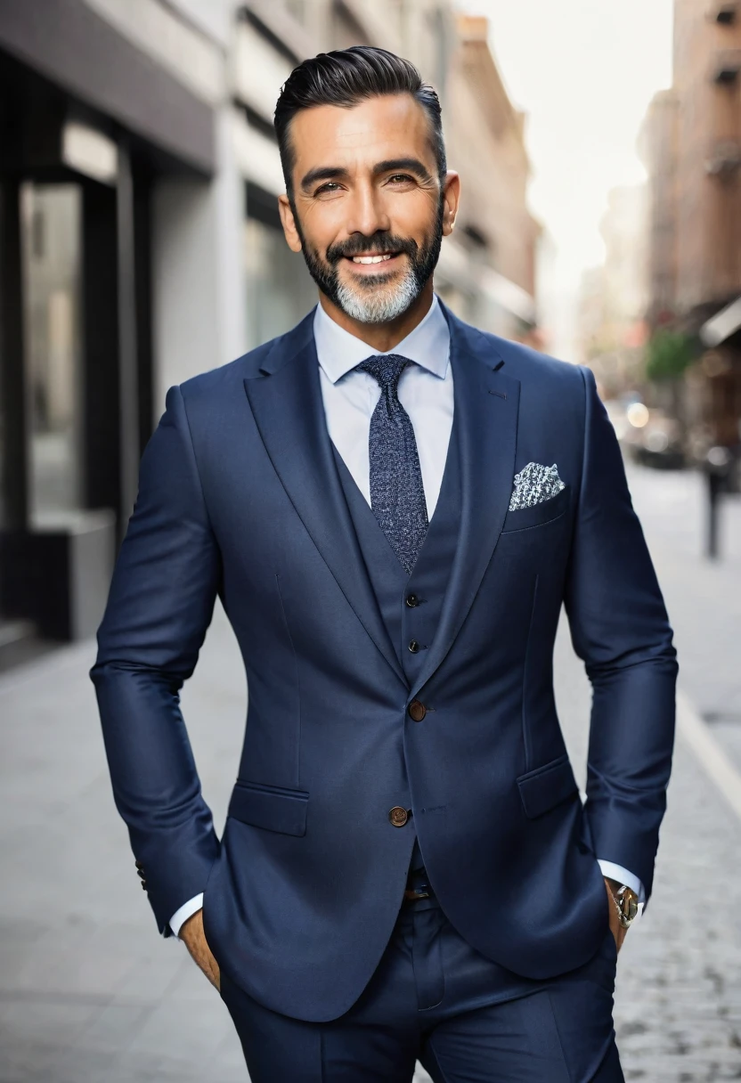  groomed man, in his 40, wearing a stylish suit and radiating self-assurance