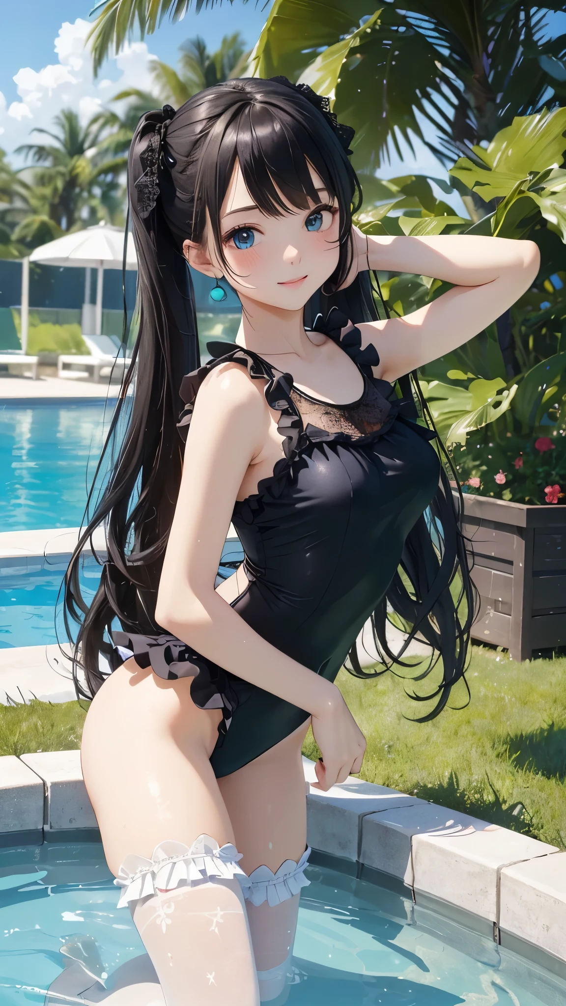 ((masterpiece)), ((highest quality、Ultra high definition)), (Very detailed),8k、Photo quality、((Amazingly cute girl)),)), Two people, , (Beautiful emerald blue eyes), ((smile、Small breasts)),In the open-air bath overlooking the sea, Beautifully arranged black hair in twin tails、Slim Body、(((Cute swimsuit with lace and frills)))、Professional Lighting、(White lace knee-highore detailed and beautiful)、(More details and cutenesore realistic)、((Just wear light clothing))、Frolic in the pool、((unbelievably cute))、