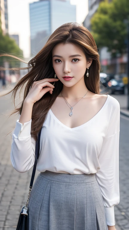 (Highest quality、 8k 、masterpiece、High resolution)、Young lovely woman、Ample breasts、Smooth and unnoticeable collarbone、Slender beauty、(Brown hair medium、My hair is blowing in the wind、Flows backwards)、Full Body Shot、 (Beautiful Face,Beautiful Eyes,Beautiful nose,Pretty lips)、(Stephanie hoove earrings、silver heart necklace)、((Official Casual、knit、shirt、slacks、skirt、Finish with basic colors like black and white))、I have a small bag、Nice pose、Building district、office Street、looking at the camera、Professional Lighting、Professional photographer、Detailed CG、