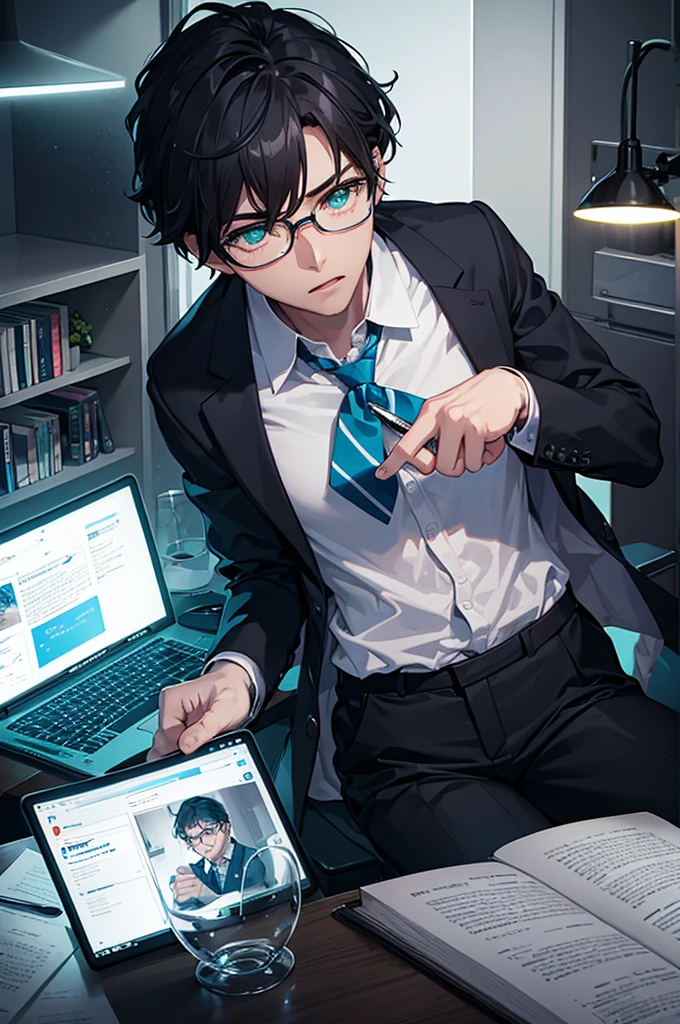 clark kent studying with pen and books on table , computer with neon light illuminating the room , sparkling green eyes , power contained in irises that shine brightly  , obstinate look , contained fury , laser in the contained eyes that illuminate