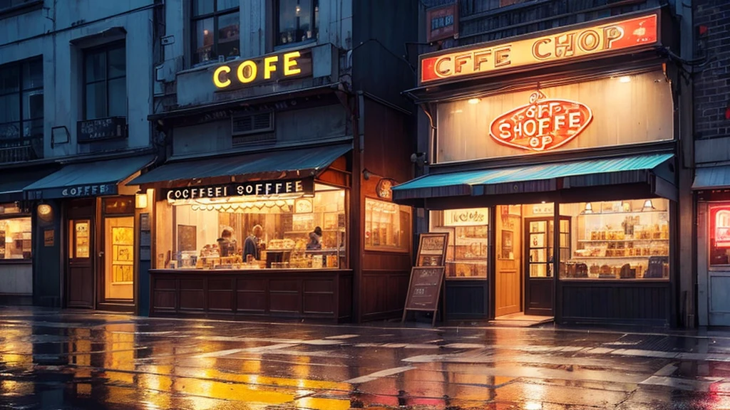 cofee shop at night, viewd from the street, neon banner, no persons at the image, just the place front veiew, rain, wet floor