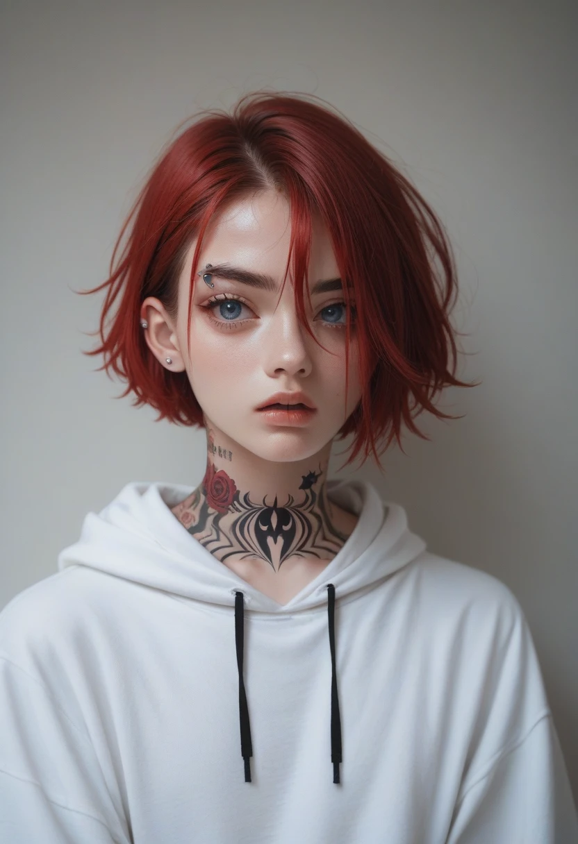 Jeon jungkook, a member of BTS, with dark blue eyes, Short red hair, dressed in a white sweatshirt, black shorts with some rips. eyebrow and mouth piercing, spider tattoo on neck