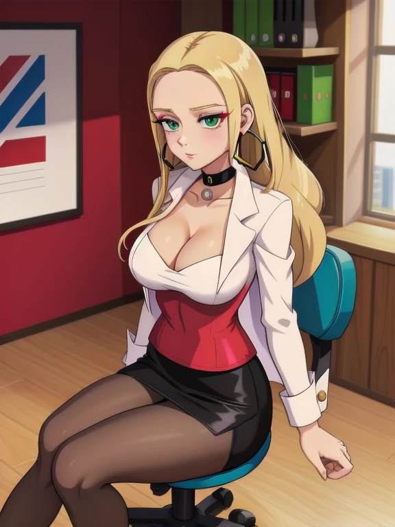 1girl, solo, Oleana from Pokemon, long blonde hair, wearing a red V-neck undershirt, with a hint of cleavage, in a black pencil skirt and pantyhose. She has a white coat, well-done makeup, lipstick. Oleana is sitting in a chair. Completing her look is a choker and hoop earrings. (Background: Indoors, corporate office, desk)
