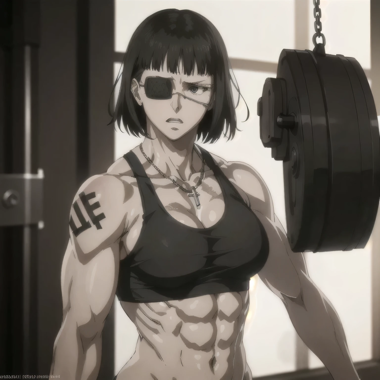 best quality,ultra-detailed,realistic:1.37),musclaur badass girl with sculpted body with preview her musclaur body and six-pack, full review of the female character's face and body, intense expression, strong and confident posture, studio lighting, vivid colors, physiologically-based rendering, grungy texture, rugged background, dust particles in the air, commanding presence, professional, powerful, gritty aesthetics,,Valmet،short hair,necklace,Light reflection on shoulders,clean muscles،wearing black underwear and gray gym tank top,tattoos on shoulders،muscles review( girl solo),eyepatch,Shining muscles,eyes detailing,fat free body,veins in muscles,penis growth inside underwear,Photo session,Matching remix,penis size big,Erect penis inside underwear,penisQuiron,Penis protruding through underwear