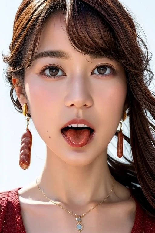 (realistic, photo-realistic:1.4), (best quality, masterpiece:1.2), RAW photo, high resolution, intricate details, extremely detailed, realistic and sharp details, (portrait, face focus), solo, a Japanese woman, Erika Ikuta, (eating a huge sausage, shovel a long thick sausage deep into mouth:1.4), (detailed face, beautiful detailed eyes, beautiful pupils, sophisticated nose), pale skin, fine-textured skin, necklace, jewelry, collarbone, wearing some clothes, simple background,