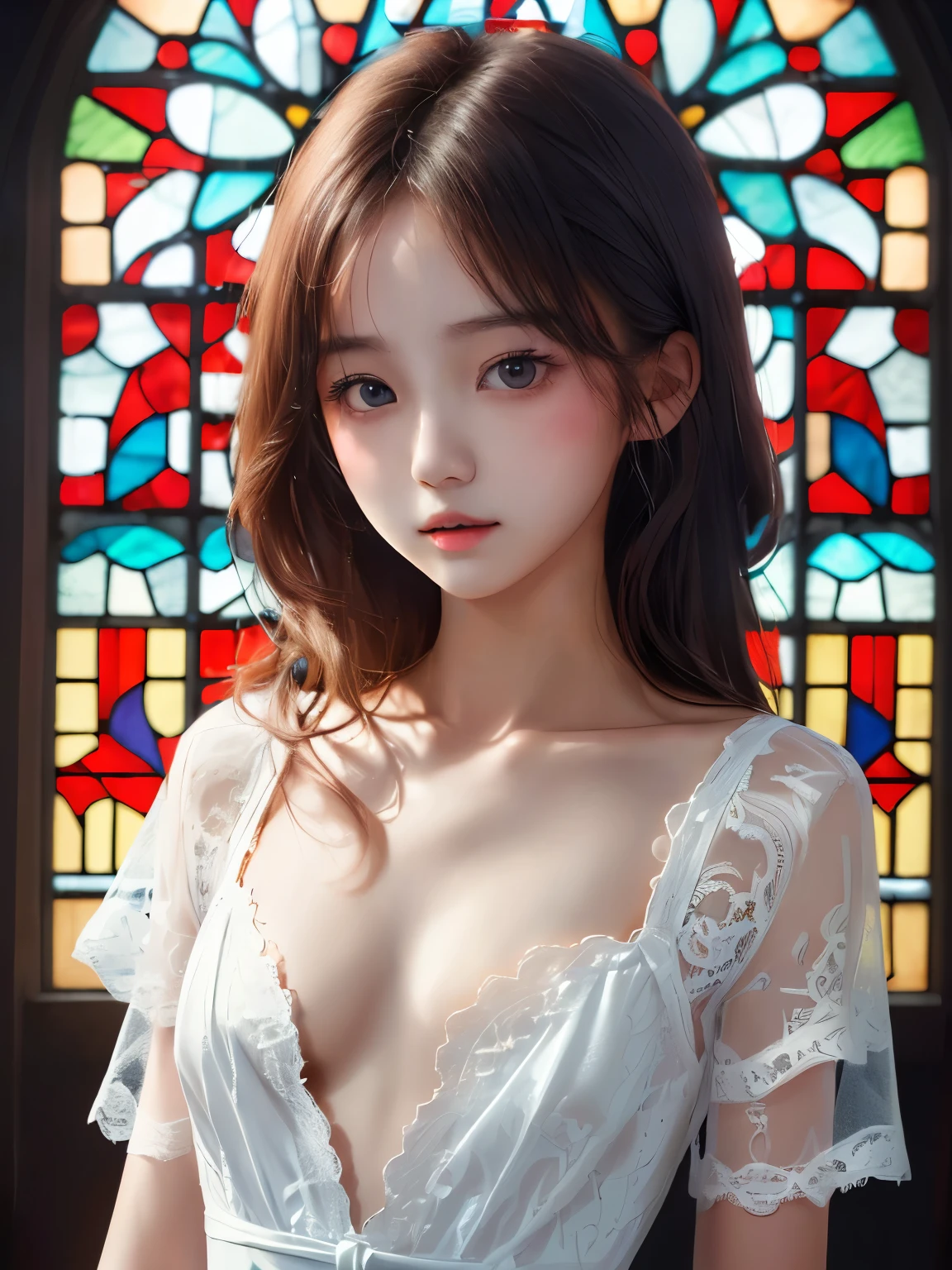 ((((flat chest)))),((1 girl)),((solo)),((highest quality)), (masterpiece),((High resolution)),beautiful girl,model,Japanese,,(no makeup),hairstyle random,hair color random,perfect body,coarse lace dress,Stained glass