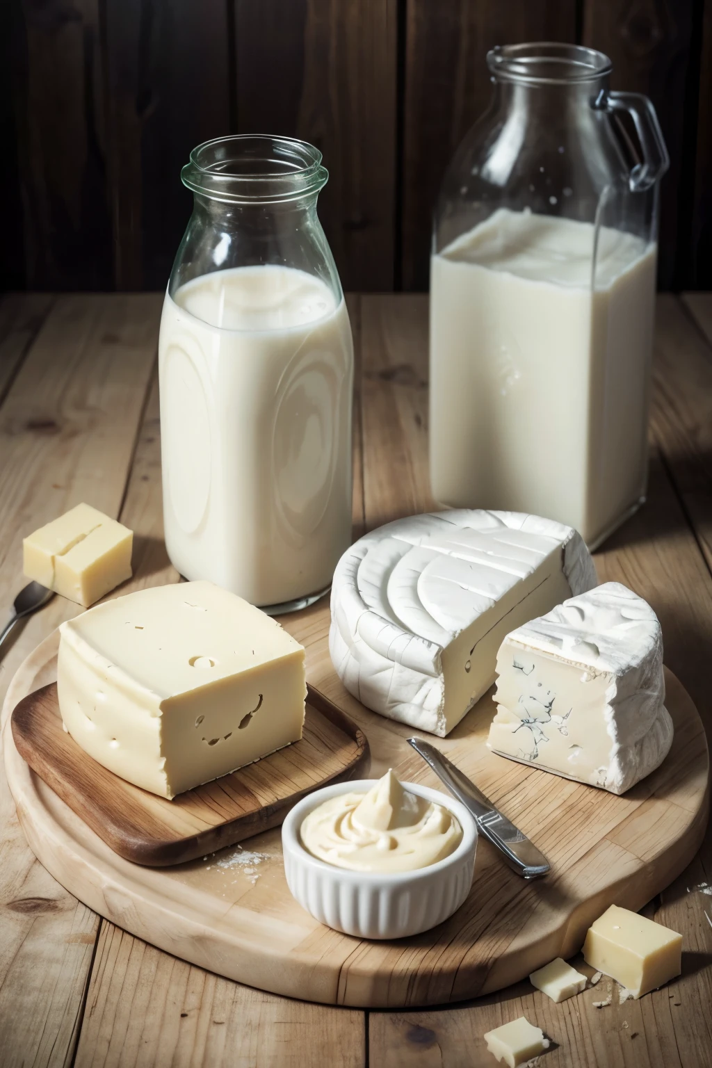 Realistic photograph of a bottle of milk, a glass of milk and samples of cheese and butter