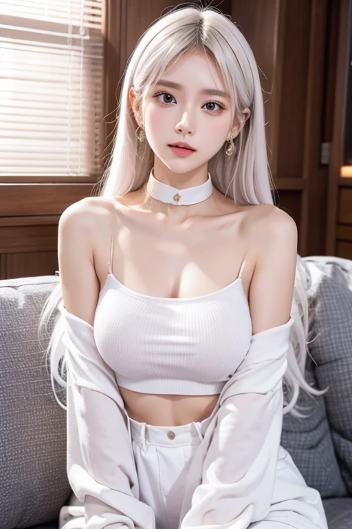 One girl, seen from the thighs up、Real17歳女性、cute、((Small breasts))、(((Long white hair)))、((Completely ))、(Sexy casual outfit） And a very slim figure,,,,,、Very thin leganicules、Earrings、Pink Lip、choker、Real、Sexual、Highest quality、Detailed face、Detailed Background、Depth of written boundary、whole body viewing angle、Get on your knees and sit on the couch、Sexual、alone、night,Highest quality、High resolution、超High resolution（Real：1.4）Detailed eyes、Gradation、Perfect anatomical figure、Woman with perfect body、Highly detailed skin、非常にDetailed face、Beautiful eyes in every detail、Background Blur