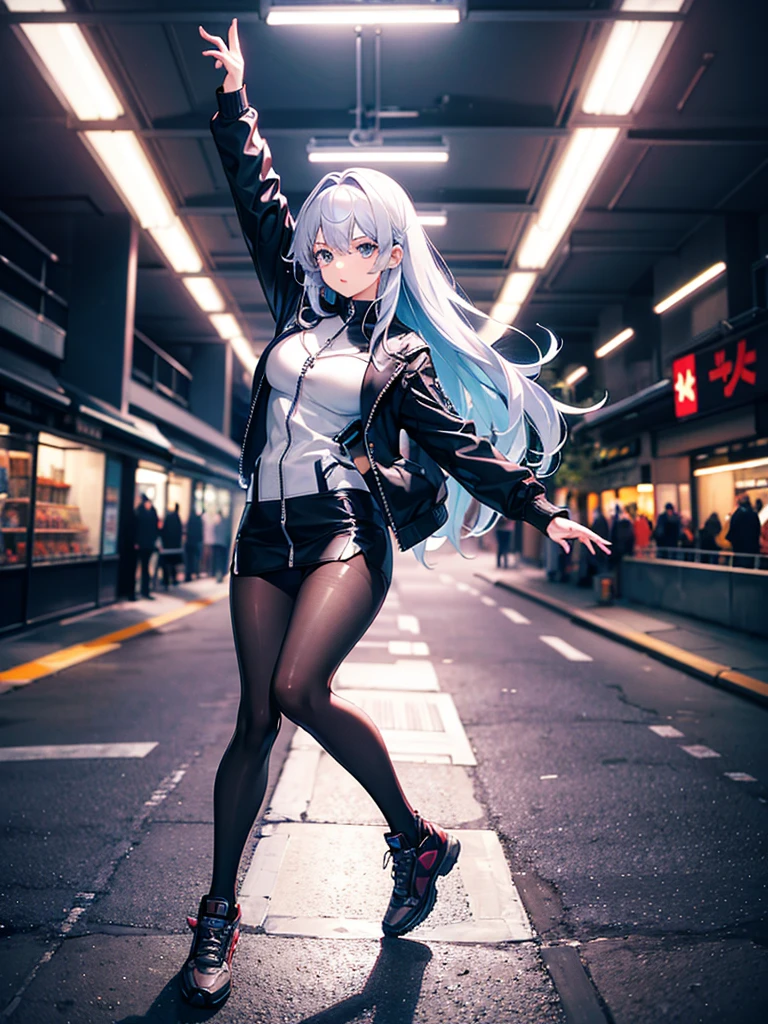 a girl,Hair color random,tights,((Super detailed zipper)),Stylish style,dynamic poses,movie lighting effects