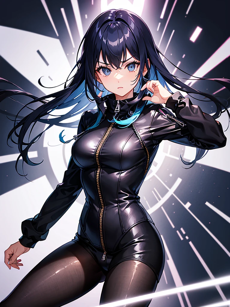 a girl,Hair color random,tights,((Super detailed zipper)),Stylish style,dynamic poses,movie lighting effects
