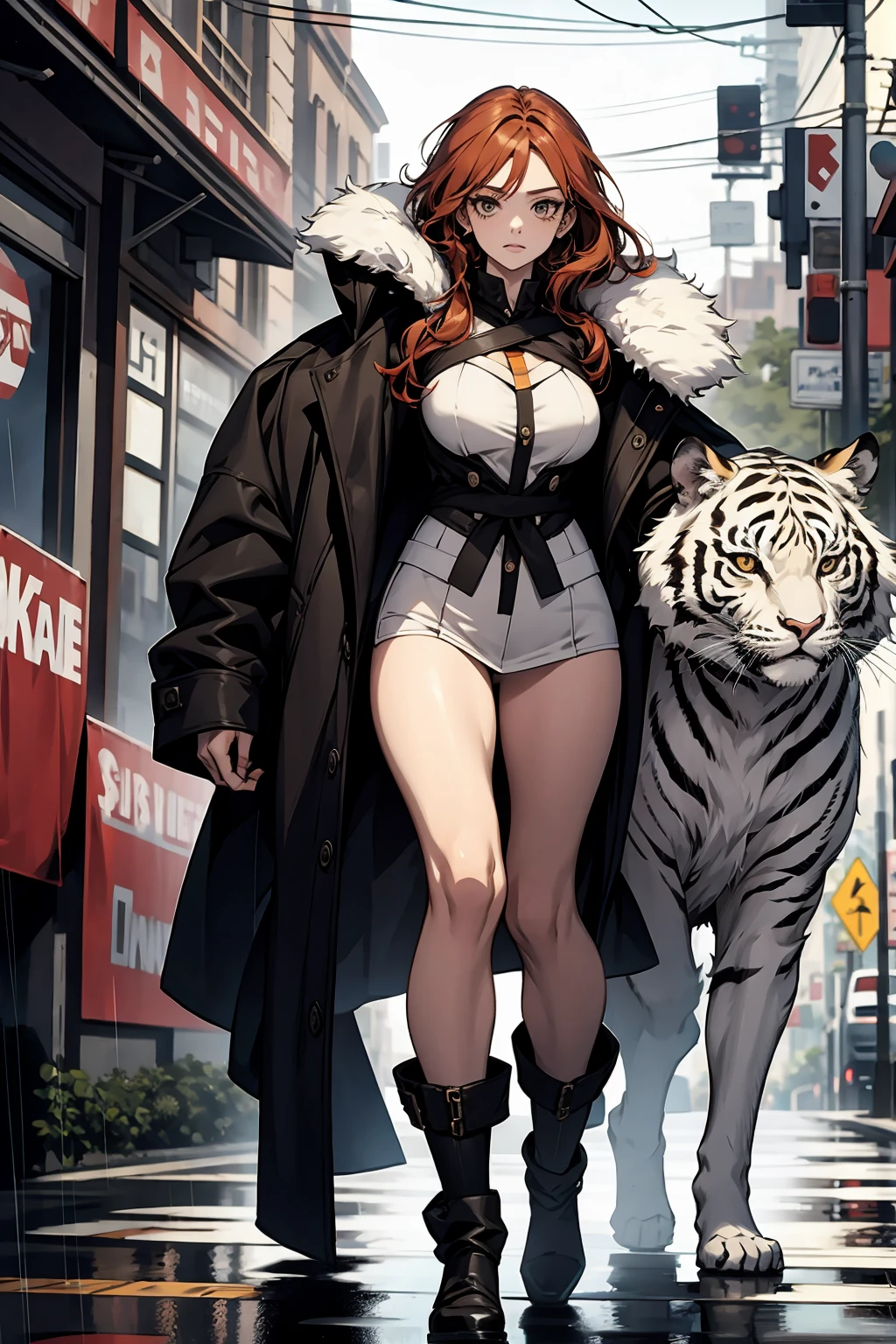 A magnificent white tiger fused perfectly with a young red-haired woman, their shapes intertwining as she walks down the rain-soaked and dimly lit street. The tiger's fur shines with a soft glow,