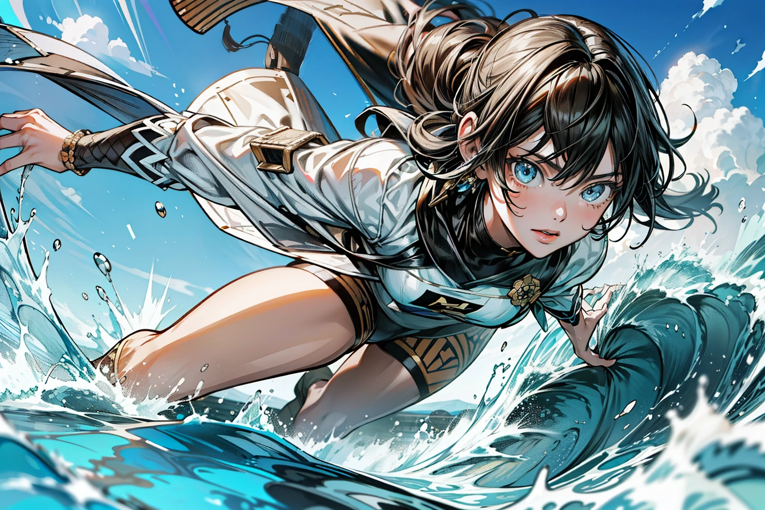 Shinkai Makoto, Shinkai Makoto味道, Beautiful sky, (girl surfing), ((best quality)), (Very detailed), (Beautiful eyes Beautiful details eyes, Clean and delicate face, Aya Kono color style, {{masterpiece}}, {{{best quality}}},{{Extremely detailed}}, {{illustration}},{{masterpiece}},{{{best quality}}},{{Extremely detailed}}, Photorealism,realism,Reality,High Detail,Ultra-high quality,high resolution,Popular on artstation,HD,16K,Unreal Engine,rendered on octane,Corona Rendering,Tilt Shift,Bottom View,Rembrandt photo