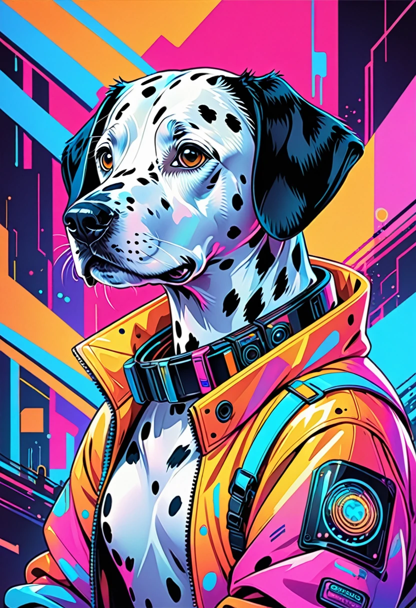 vectorial art, Colorful illustration with cute Dalmatian, At the center, neon cyberpunk colors, high détail,cyberpunk style background