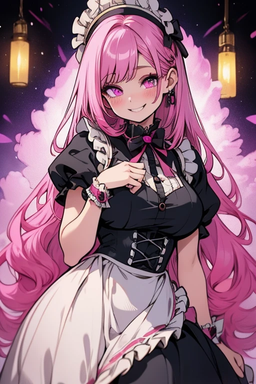 Perfect face. Perfect hands. A pink haired woman with violet eyes and an hourglass figure in a Lolita maid's outfit is pouring tea in the maid cafe with a big smile'