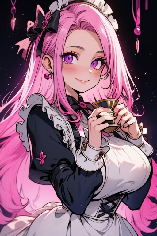 Perfect face. Perfect hands. A pink haired woman with violet eyes and an hourglass figure in a ****ta maid's outfit is pouring tea in the maid cafe with a big smile