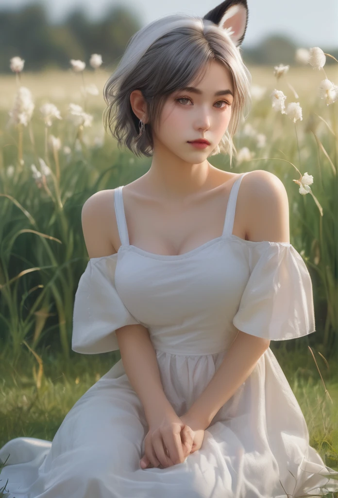 a girl with rabbit ears sitting on grass, looking at the viewer with a shy, blushed expression, wearing a white dress, short fluffy hair, short puffy sleeves, barefoot, (best quality, 4k, 8k, highres, masterpiece:1.2), ultra-detailed, (realistic, photorealistic, photo-realistic:1.37), mottled sunlight, outdoor, full body, simple, on the ground, 1 girl, rabbit ears, rabbit, short hair, gray hair, sitting, grass, brown eyes, playful, shy, blushed
