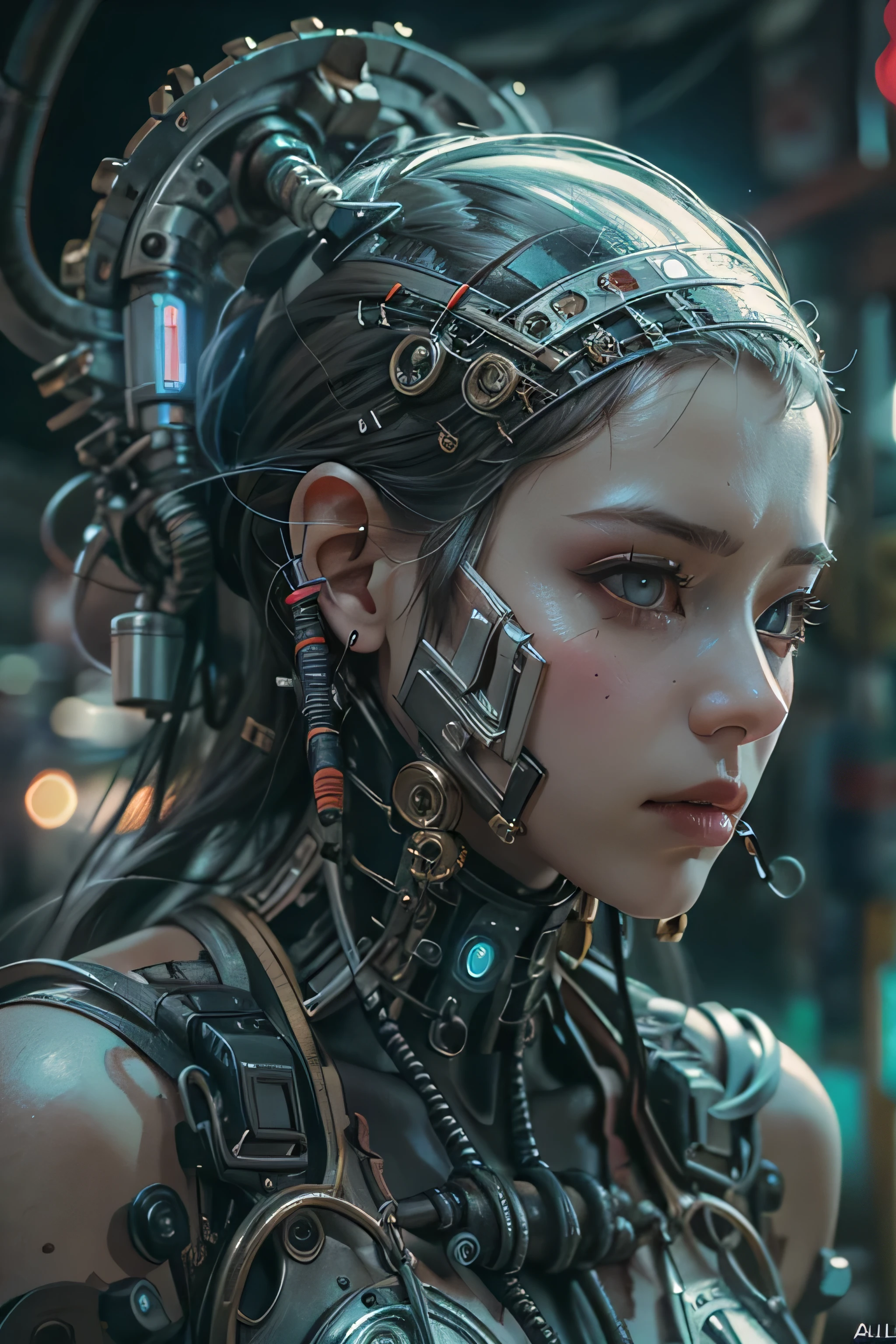 Top Quality, Masterpiece, Ultra High Resolution, ((Photorealistic: 1.4), Raw Photo, 1 cyberpunk Girl, Glossy Skin, 1 Mechanical Girl, (Ultra Realistic Details)), mechanical limbs, tubes connected to the mechanical parts, mechanical vertebrae attached to the spine, mechanical cervical attachment to the neck, wires and cables connecting to the head, Evangelion, Ghost in the Shell, global lighting, deep shadows, Octane Rendering, 8K, Ultra Sharp, Metal, Intricate Ornament Details, baroque details, Very intricate details, realistic light, HDR, CGSoation trend, facing the camera, neon details, (android manufactory in background), ((art by H.R. Giger and Alphonse Mucha.))