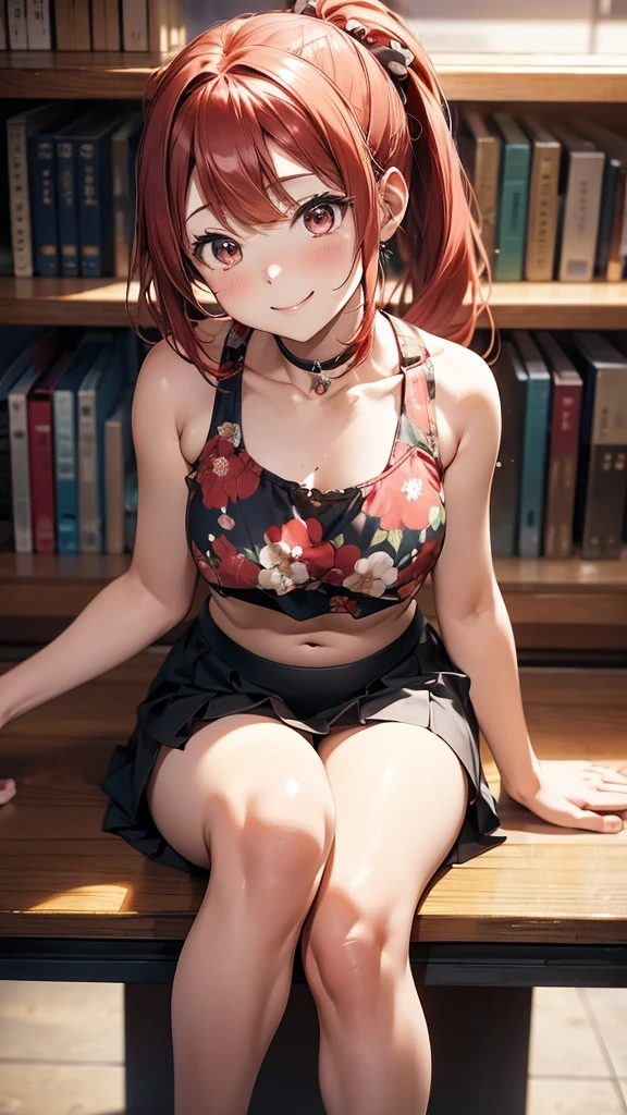 (suzu), ore no imouto ga konna ni kawaii wake ga nai, 25-yers-old girl with crimson red hair- pulled up into twin ponytails, wearing a floral crop top and mini skirt, library background, smiling, sitting down