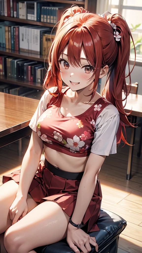 (suzu), ore no imouto ga konna ni kawaii wake ga nai, 25-yers-old girl with crimson red hair- pulled up into twin ponytails, wearing a floral crop top and mini skirt, library background, smiling, sitting down 