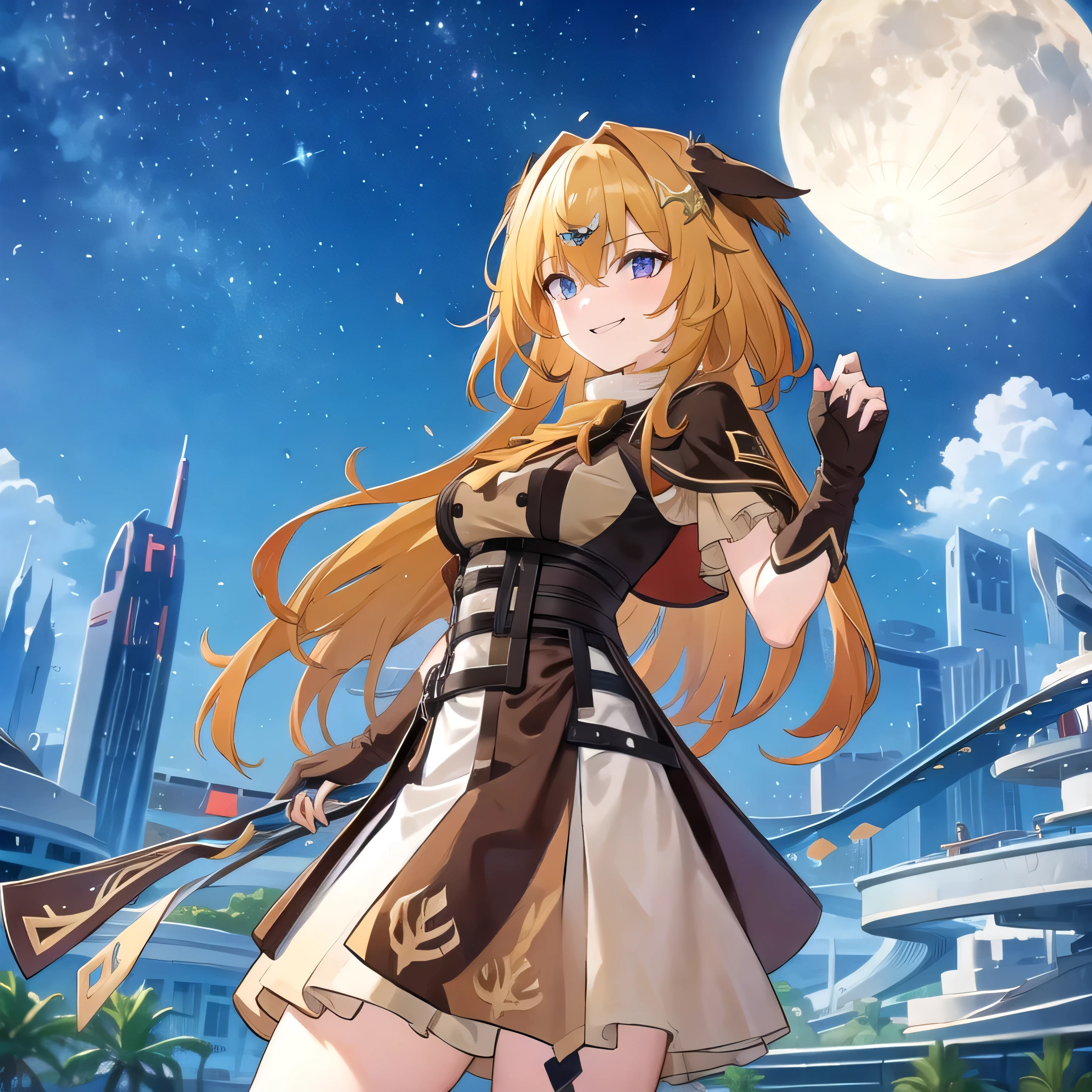 1girl, long hair, wizard outfit, smile, night, night sky, moon