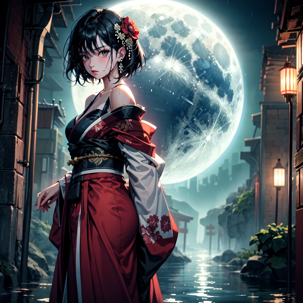 1girl, breasts, moon, lantern, night, solo, large breasts, hair ornament, wet, kimono, japanese clothes, wading, water, hair flower, flower, outdoors, sky, full moon, rain, black hair, off shoulder, mountain, cloud, holding, sash, bare shoulders, paper lantern, standing, white kimono, night sky, sideboob, obi, wet clothes, bangs, tree, from side, reflection, short hair, cloudy sky, wet hair (((masterpiece),(extremely detailed CG unity 8k wallpaper),best quality,,solo,1girl,cinematic lighting,detailed background,beautiful detailed eyes,bright pupils, (an extremely delicate and beautiful),(Beautiful and detailed eye description), ultra-detailed,masterpiece,)),