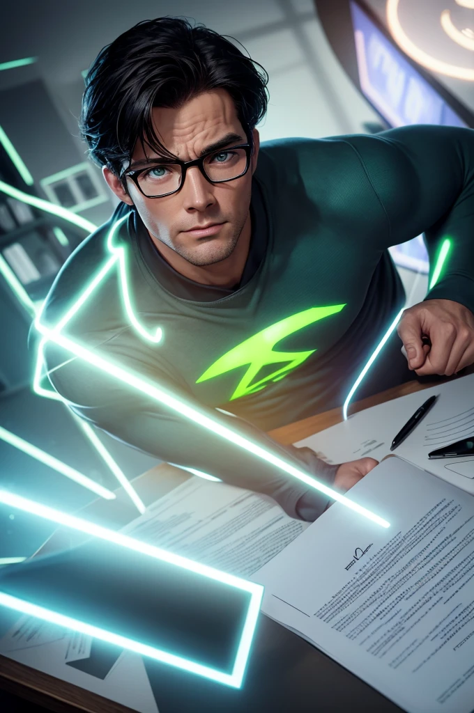 clark kent , strong and obstinate ,studying with pen and books on table , computer with neon light illuminating the room , sparkling green eyes , power contained in irises that shine brightly , obstinate look , contained fury , laser in the contained eyes that illuminate , eyes that glow green , lots of light in the eyes