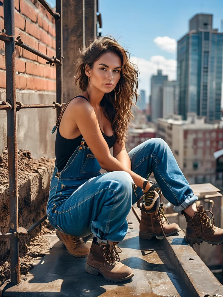 several women with low-cut overalls on top of a building sitting on a large iron bar a beautiful brunette with brown hair sitting in the middle with low-cut overalls holding a drill with sexy looks