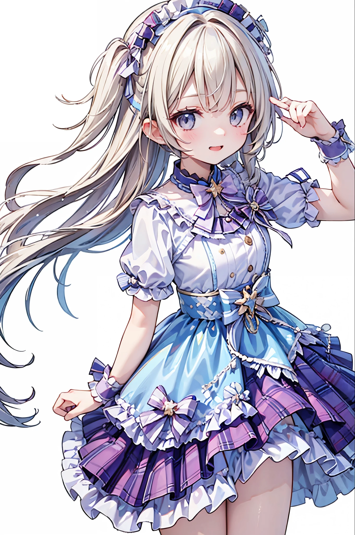 high resolution,smile,woman,woman1人,adult,cute, Blonde Hair,BREAK,
Light blue eyes,BREAK,Idol Uniform,BREAK,Facing forward,BREAK,Light blue background,