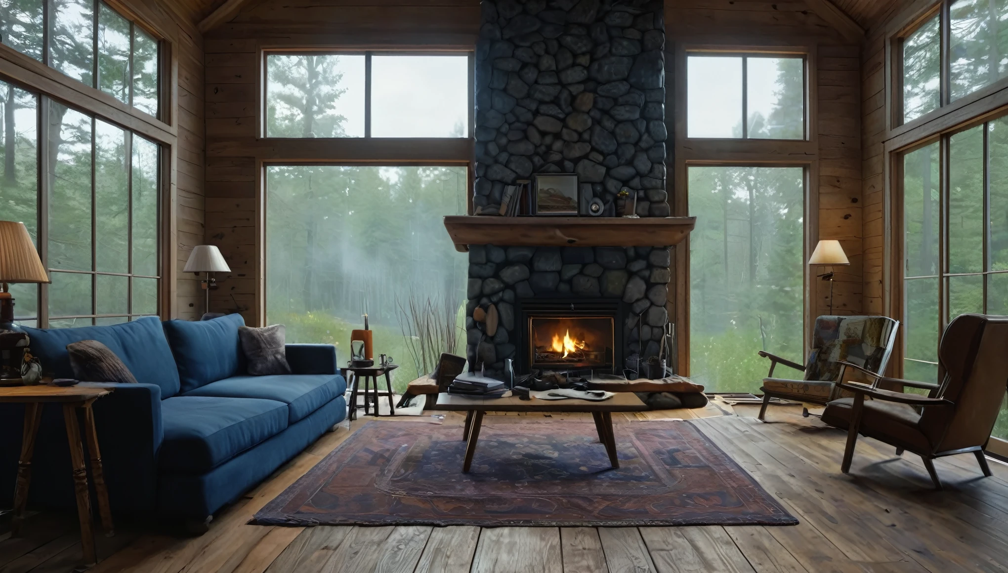 There is a fireplace in the living room，There is also a sofa and a table, Oversized floor-to-ceiling windows，Detailed painting inspired by Gregory Crewdson, Popular on polycount, The art of math, Cottage in the woods, Comfortable place, cabin interior, In the cabin, Photos of the witch&#39;s study, Country Style hippie, The forest can be seen through the large windows at night, Country Style