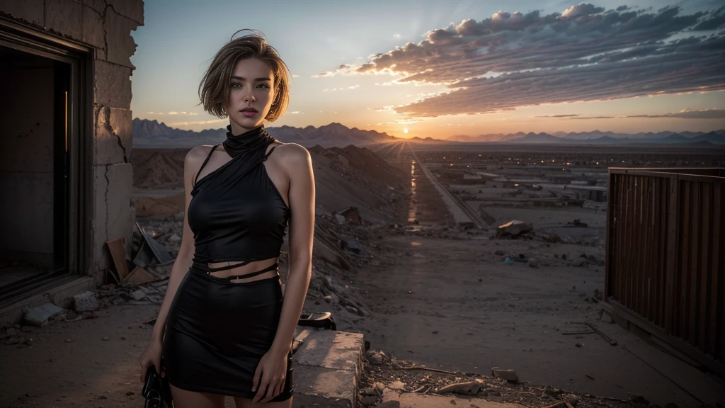 ((masterpiece, best quality, Highest image quality, high resolution, Reality, RAW photos, 8K)), Future city ruins,The post-nuclear world,desert,Beautiful girl,Broken clothes,Pretty face,short hair,dirty,Closed mouth,dramatic,Mid-range portrait,dusk