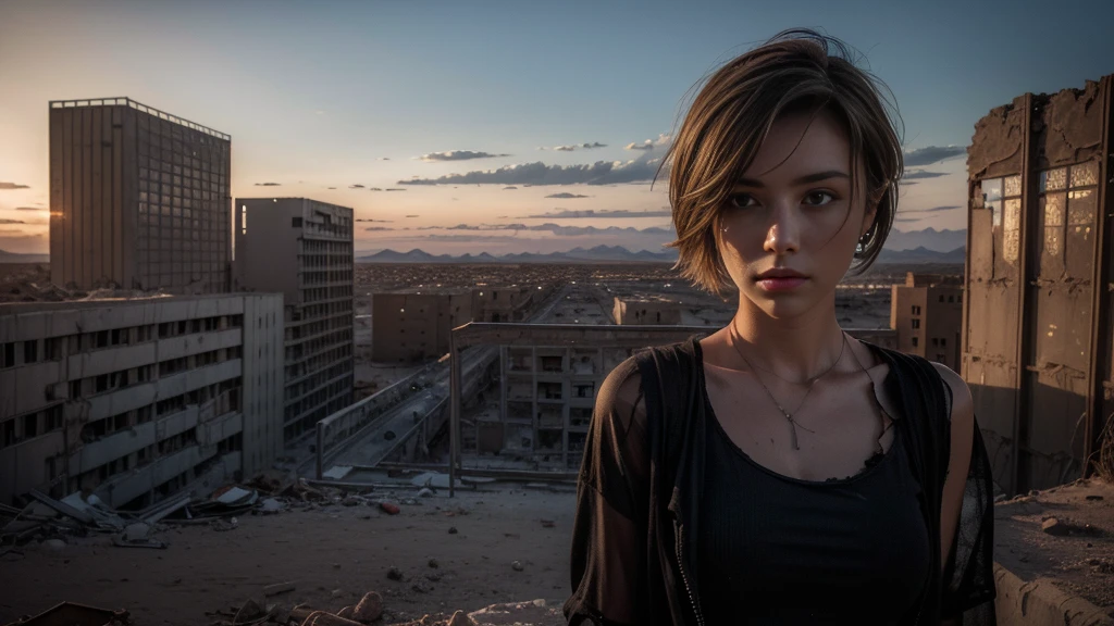 ((masterpiece, best quality, Highest image quality, high resolution, Reality, RAW photos, 8K)), Future city ruins,The post-nuclear world,desert,Beautiful girl,Broken clothes,Pretty face,short hair,dirty,Closed mouth,dramatic,Mid-range portrait,dusk