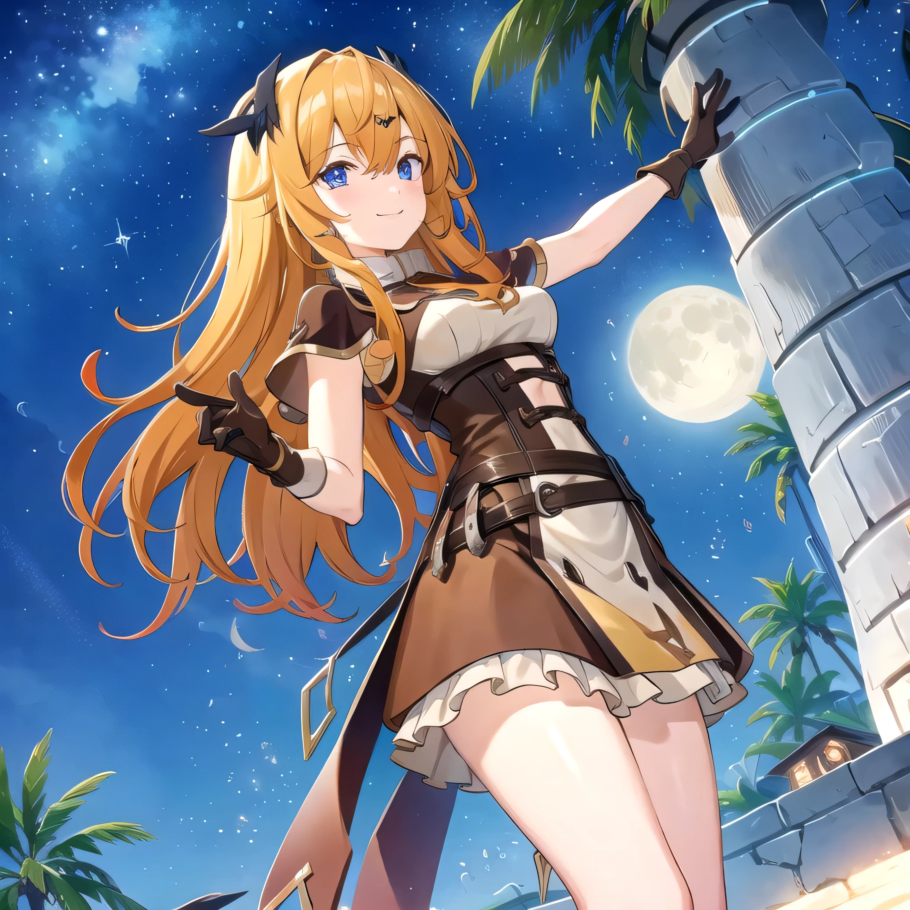 1girl, long hair, wizard outfit, smile, night, night sky, moon