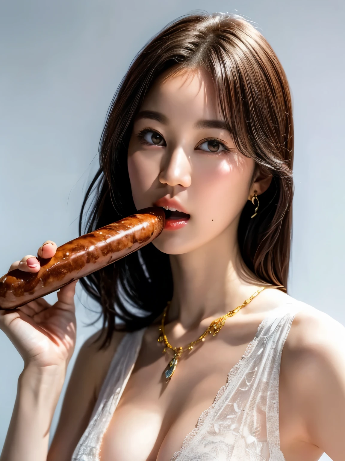 realistic, photo-realistic, masterpiece, best quality, intricate details, extremely detailed, cinematic lighting, solo, a Japanese mature, , a 55yo woman, (eating a huge sausage in hand, bite a large sausage, shovel a long sausage into mouth, sucking a thick sausage:1.4), (drip white liquid from mouth:1.5), dark hair, bangs, ponytail, hair ornament, hair scrunchie, cute face, extremely detailed face, beautiful detailed eyes, sophisticated nose, pale skin, fine-textured skin, sweaty, shiny skin, earrings, necklace, jewelry, photo background, indoors, home, 