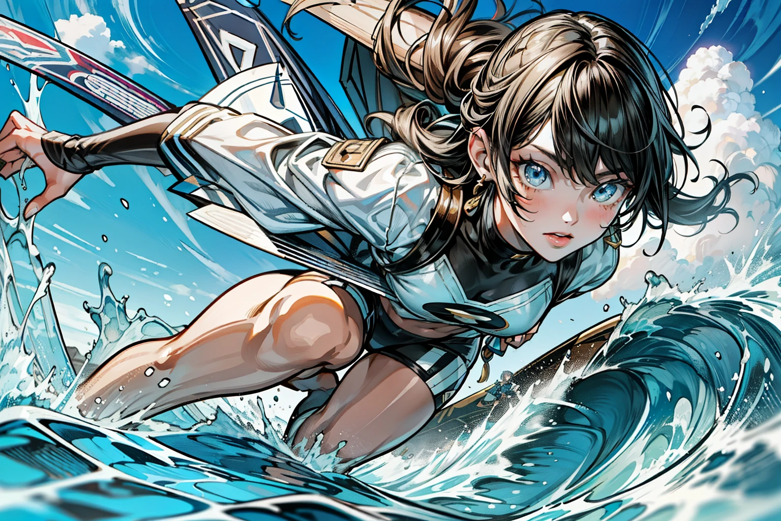 Shinkai Makoto, Shinkai Makoto味道, Beautiful sky, (Girl surfing on a surfboard), ((best quality)), (Very detailed), (Beautiful eyes Beautiful details eyes, Clean and delicate face, Aya Kono color style, {{masterpiece}}, {{{best quality}}},{{Extremely detailed}}, {{illustration}},{{masterpiece}},{{{best quality}}},{{Extremely detailed}}, Photorealism,realism,Reality,High Detail,Ultra-high quality,high resolution,Popular on artstation,HD,16K,Unreal Engine,rendered on octane,Corona Rendering,Tilt Shift,Bottom View,Rembrandt photo