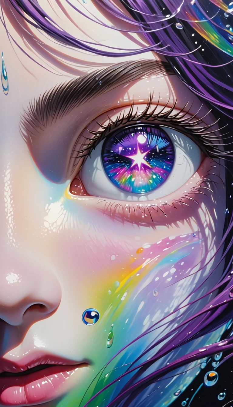 Girl swimming underwater,Ultra-detailed rendering style,Shine,,green,Brush,Surreal oil painting,Shine目,Head close-up,Exaggerated perspective,Tyndall effect,Water Drop,Mother of pearl rainbow color,holographic white,Black background,Purple Eyes,There are stars in your eyes、Purple Hair