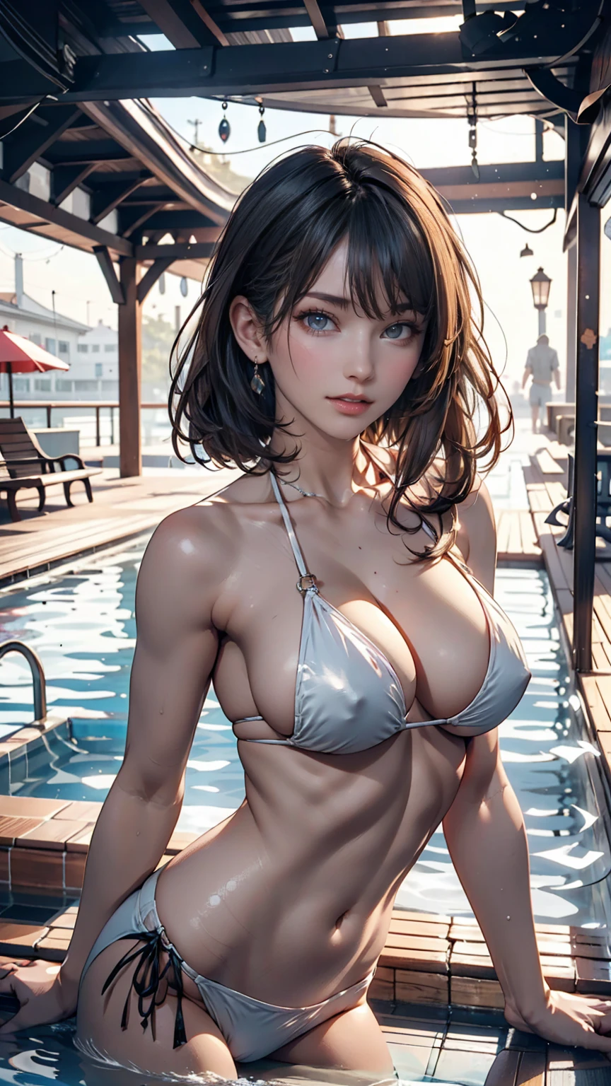 24-year-old female、Two Side Up((hair two side up))、Silver Hair、Sexy proportions、Erotic female body、Black Micro Bikini、Nipple swelling emphasis、Sunken City