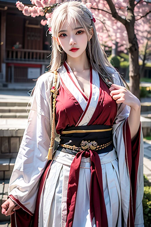 (high resolution, 1 woman, solo, shining skin, jewelry, waist up, white hair, hanfu, taoist robe, cherry blossom)