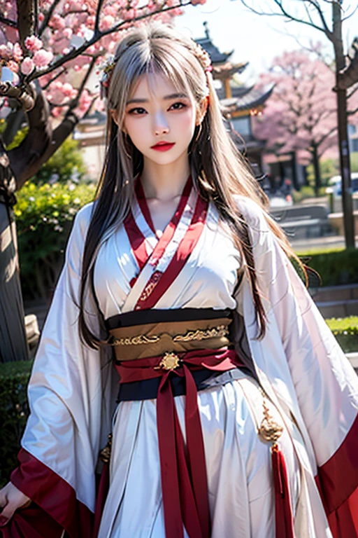 (high resolution, 1 woman, solo, shining skin, jewelry, waist up, white hair, hanfu, taoist robe, cherry blossom)