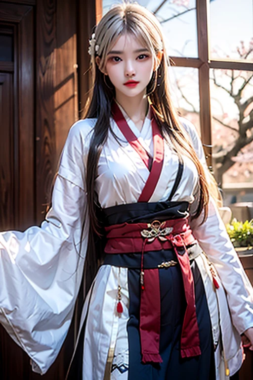 (high resolution, 1 woman, solo, shining skin, jewelry, waist up, white hair, hanfu, taoist robe, cherry blossom)