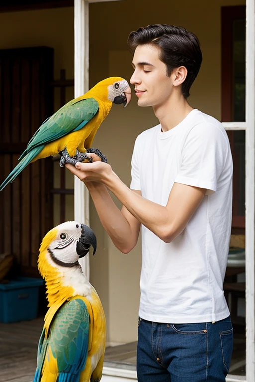 A young cute handsome skinny tall white shirt with 3 parrot feeding him