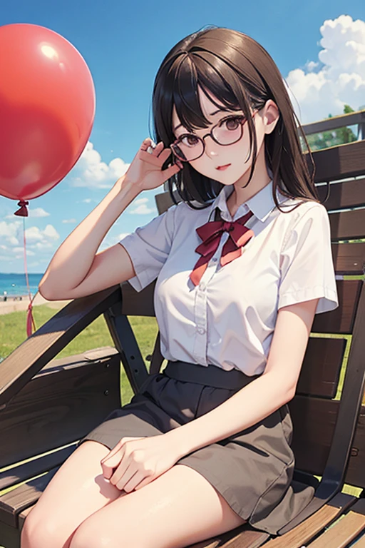 Highest quality、masterpiece、High sensitivity、High resolution、Detailed Description、Slender women、Glasses、Summer clothes、With a balloon in one hand、