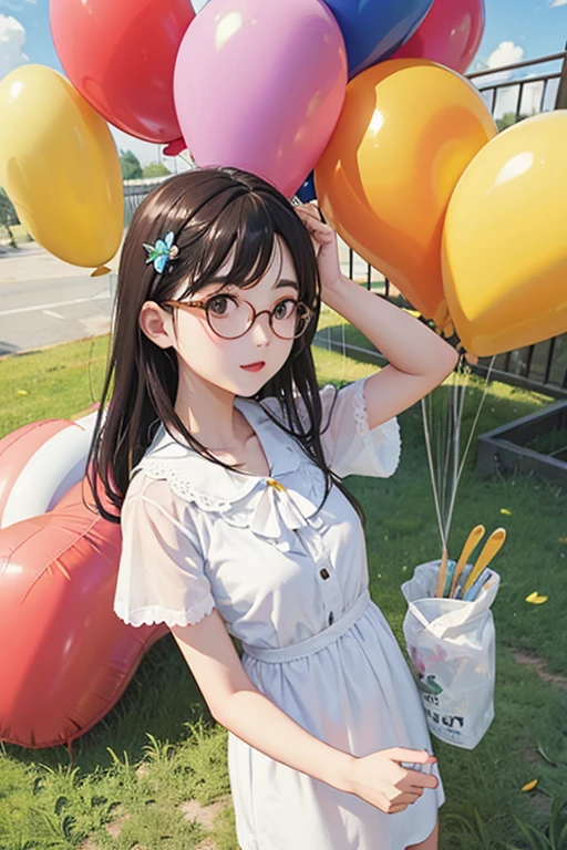 Highest quality、masterpiece、High sensitivity、High resolution、Detailed Description、Slender women、Glasses、Summer clothes、With a balloon in one hand、