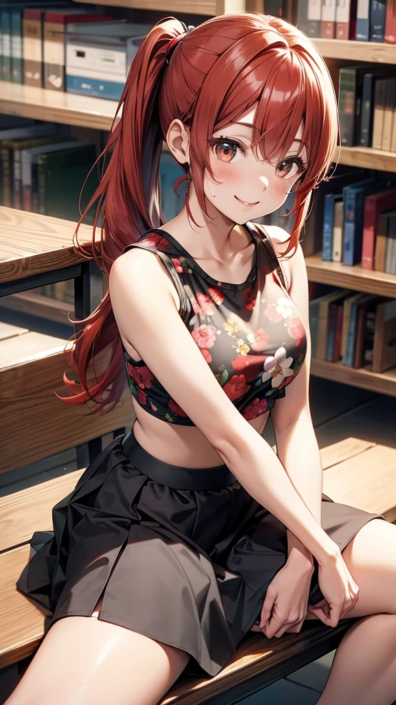 (suzu), ore no imouto ga konna ni kawaii wake ga nai, 25-yers-old girl with crimson red hair- pulled up into twin ponytails, wearing a floral crop top and mini skirt, library background, smiling, sitting down, hands folded