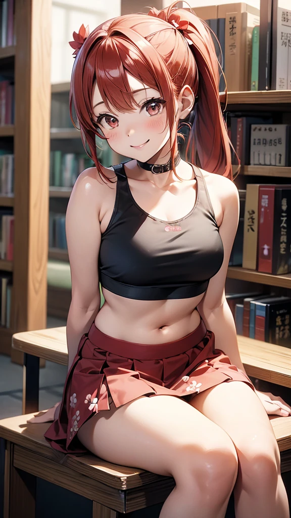 (suzu), ore no imouto ga konna ni kawaii wake ga nai, 25-yers-old girl with crimson red hair- pulled up into twin ponytails, wearing a floral crop top and mini skirt, library background, smiling, sitting down, hands folded