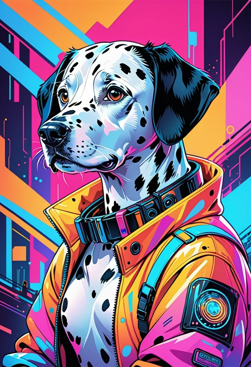 vectorial art, Colorful illustration with cute Dalmatian, red collar, At the center, neon cyberpunk colors, high détail,cyberpunk style background