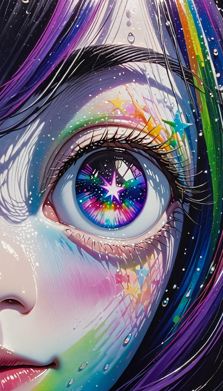 Girl swimming underwater,Ultra-detailed rendering style,Shine,,green,Brush,Surreal oil painting,Shine目,Head close-up,Exaggerated perspective,Tyndall effect,Water Drop,Mother of pearl rainbow color,holographic white,Black background,Purple Eyes,There are stars in your eyes、Purple Hair